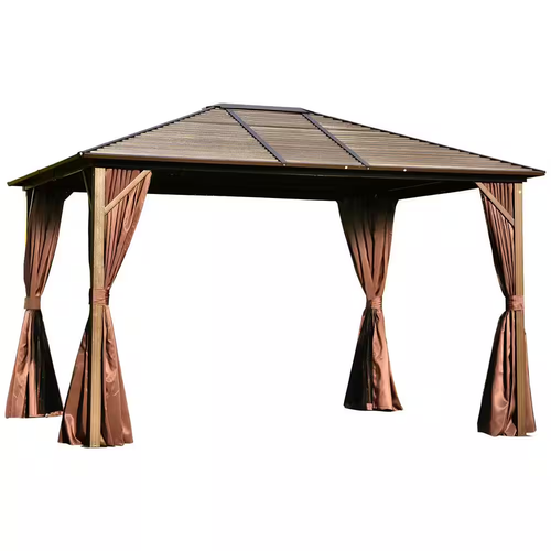 12 Ft. X 10 Ft. Steel Hardtop Canopy Gazebo with Fully Enclosed Zippered Curtains and Roomy Comfortable Interior, Brown